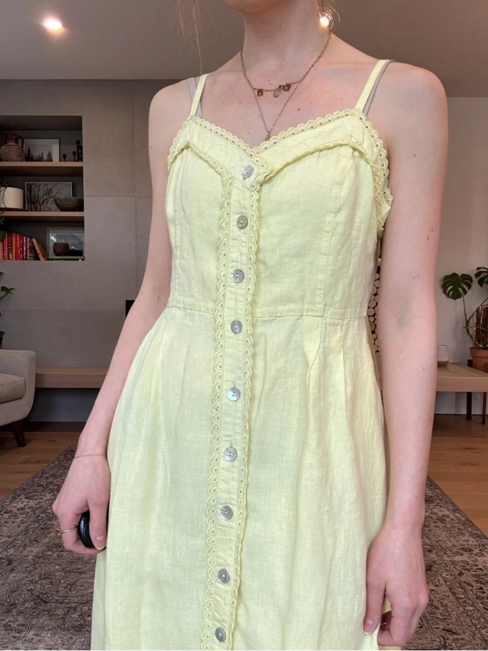 Wilfred 100% linen la boheme Yellow Eyelet Button-Front Midi Dress boho - Picture 6 of 17